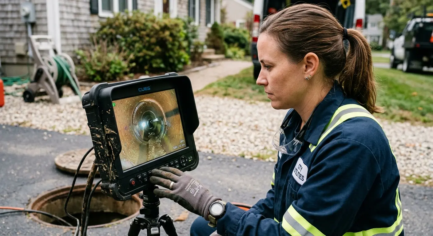 Technician reviewing sewer camera inspection footage in Jackson