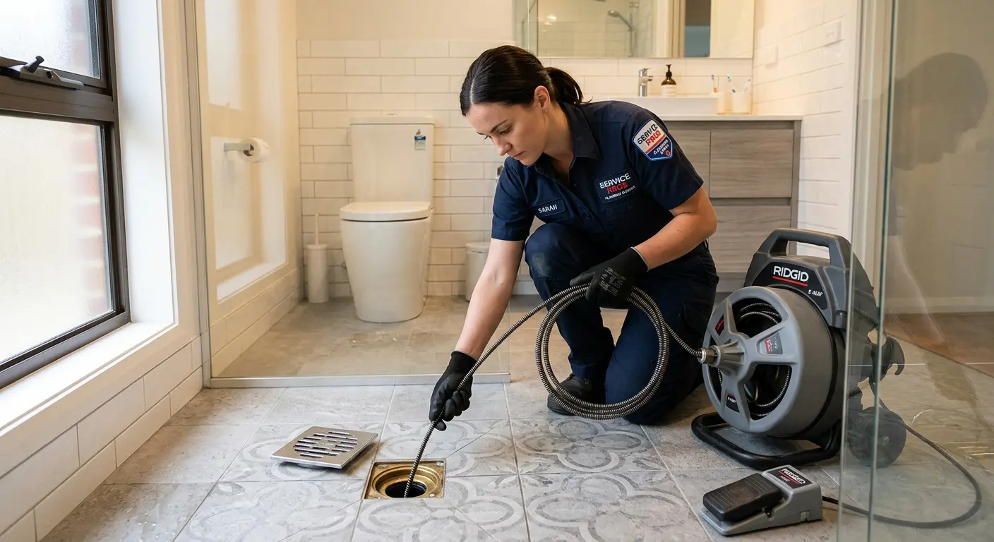 Technician clearing a bathroom floor drain for Drain Repair in Jackson